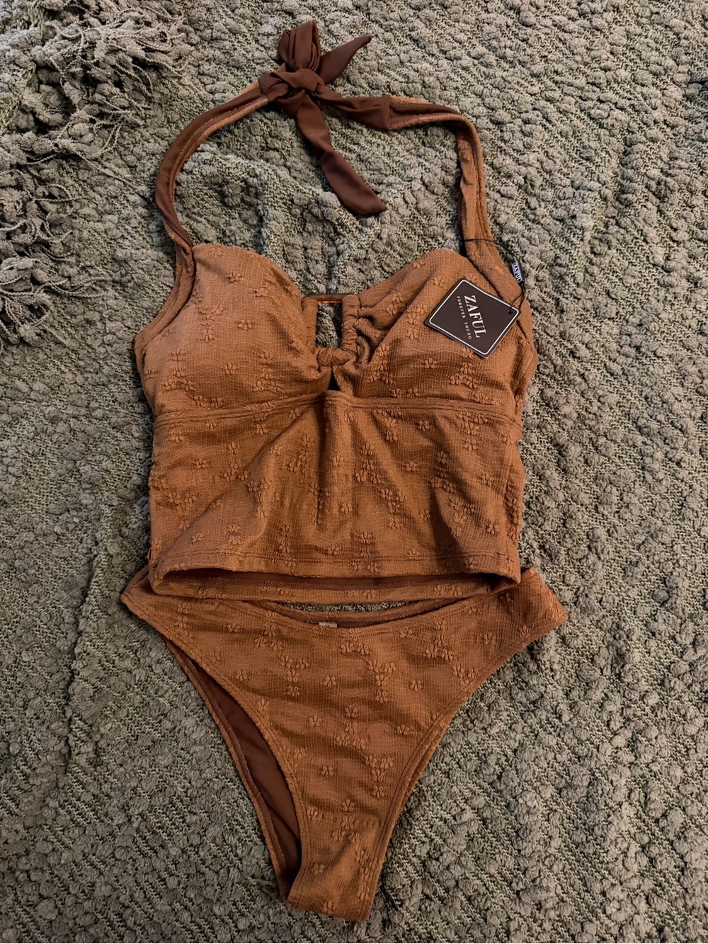 Zaful Olive Halter Tankini Top & Bikini Bottom Set - Picture 3 of 4